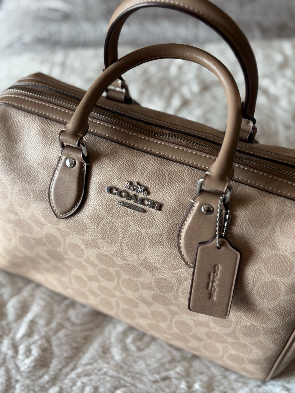 Coach Large Rowan in Sand/Taupe/Silver Canvas - Picture 7 of 13